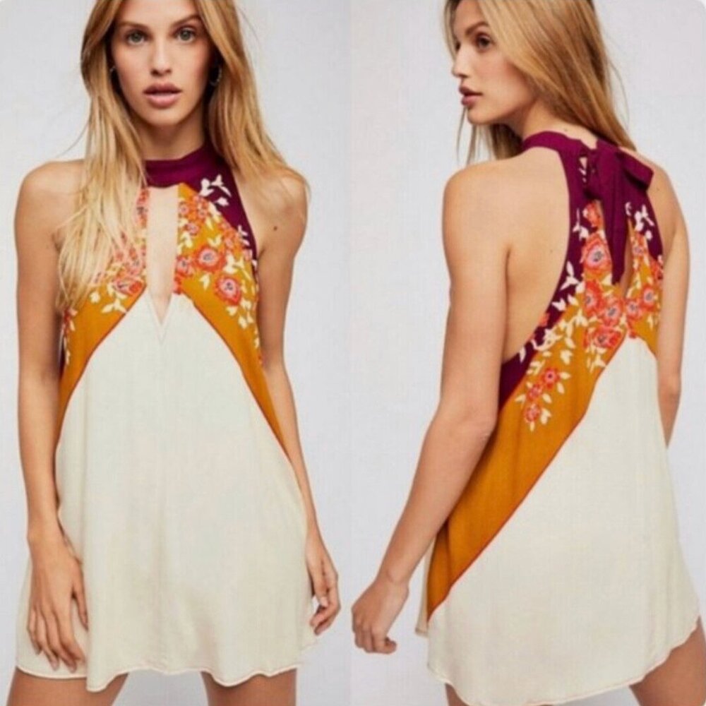 Free People Beat of My Heart Tunic Top Purple Small Tank Floral Keyhole